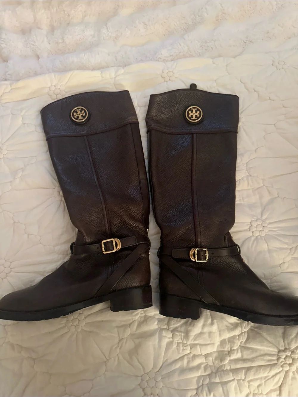 Tory Burch Dark Brown Leather Mid-Calf Riding Boots with Gold Logo